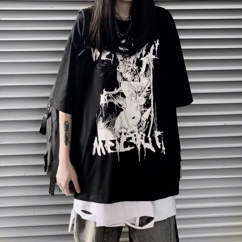 

MINGLIUSILI Gothic Print Tshirts for Women Summer 2022 Harajuku Korean Fashion Streetwear Short Sleeve Egirl Oversize Tops