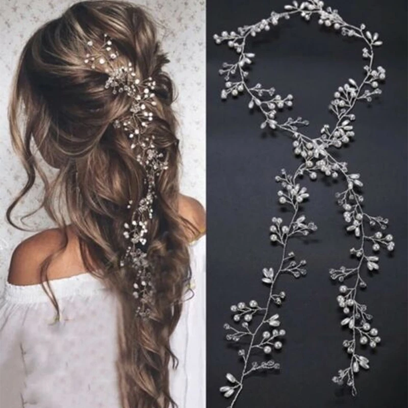 

Crystal Pearl Bridal Tiaras Hairbands Hairpins Bridesmaid Diamante Hair Vine Accessories Wedding Jewelry 35cm Headwear