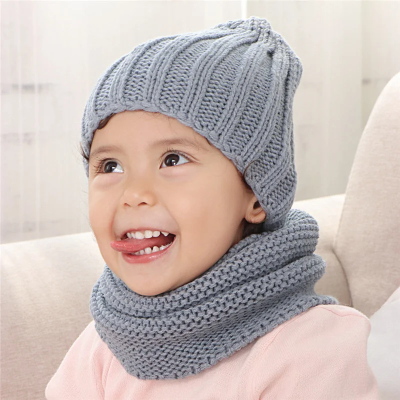 

Multicolor hat and scarf for children solid acrylic kids hat with a scarf knit girls boy hats scarves set winter accessories