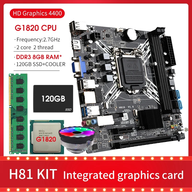 

H81 материнская плата LGA 1150 С core G1 820 процессор DDR3 8 Гб 1600 МГц ОЗУ для ПК, ЦП вентилятор 120G SSD Поддержка USB3.0 SATA3.0