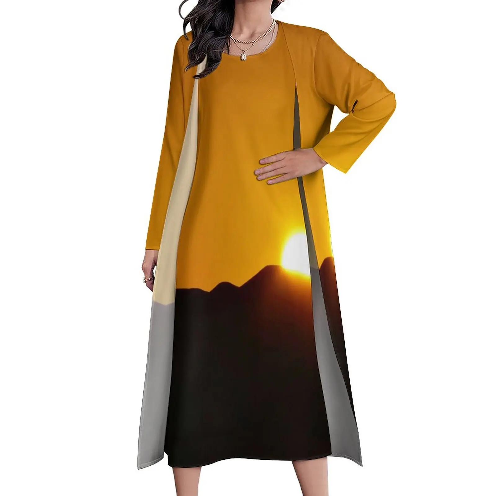 

Платье золотистое длинное из двух частей, повседневное вечернее Макси-платье в уличном стиле, с изображением песка, заката, дюн, для вечевеч...