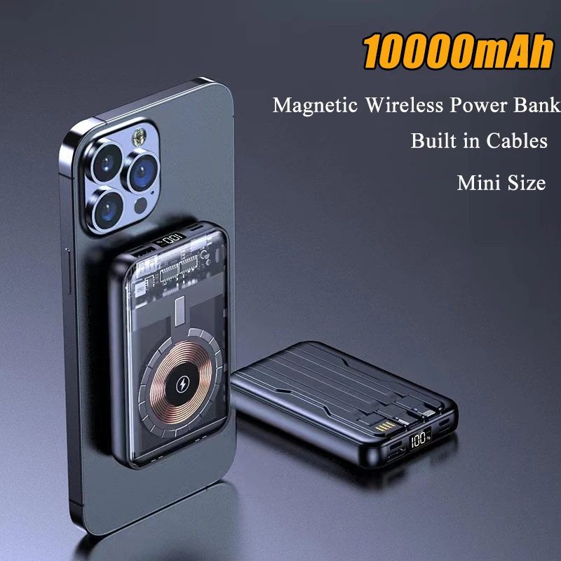 

10000mAh Magnetic Qi Wireless Charger Transparent Power Bank for iPhone 14 13 12 Series Mini Powerbank for Samsung Huawei Xiaomi