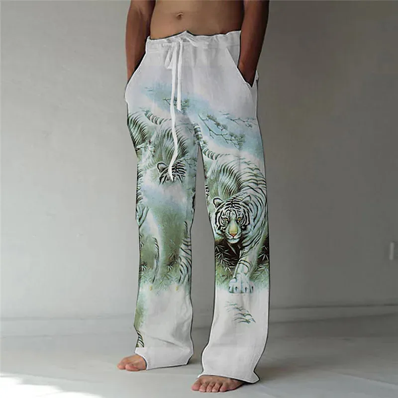 

3D printed elastic band design for European and American men's pants Abstract printed tiger pattern for casual pants