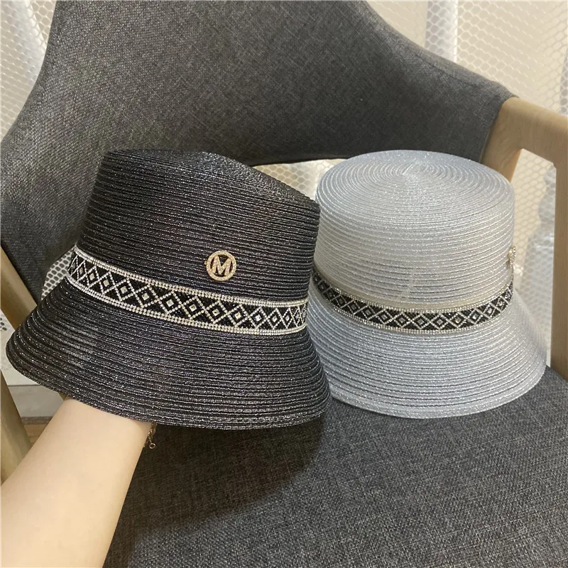 

Summer Female Black wide-brim Fisherman Hat Gauze Breathable Set Auger Straw Hat The Seaside Beach Together Sun Hat Fashion Eleg