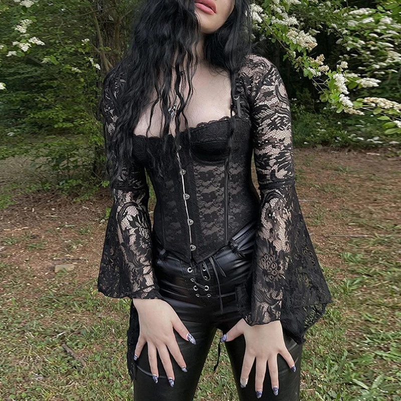 

Goth Dark Lace See Through Mall Gothic Women Blouses E-girl Flare Sleeve Grunge Sexy Corset Tops Women Square Neck Crop T-shirts