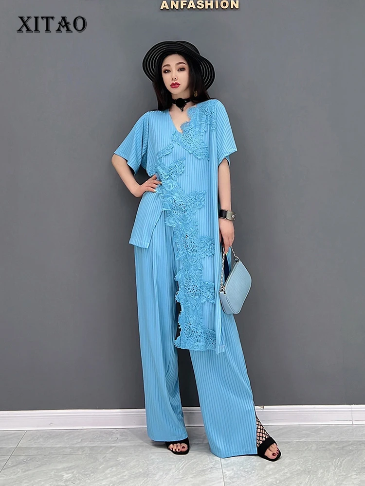 

XITAO Fashion Lace Splicing Pants Sets Solid Color Asymmetrical V-neck Collar Long Top Wide Leg Pants Two Pieces Sets WMD6467