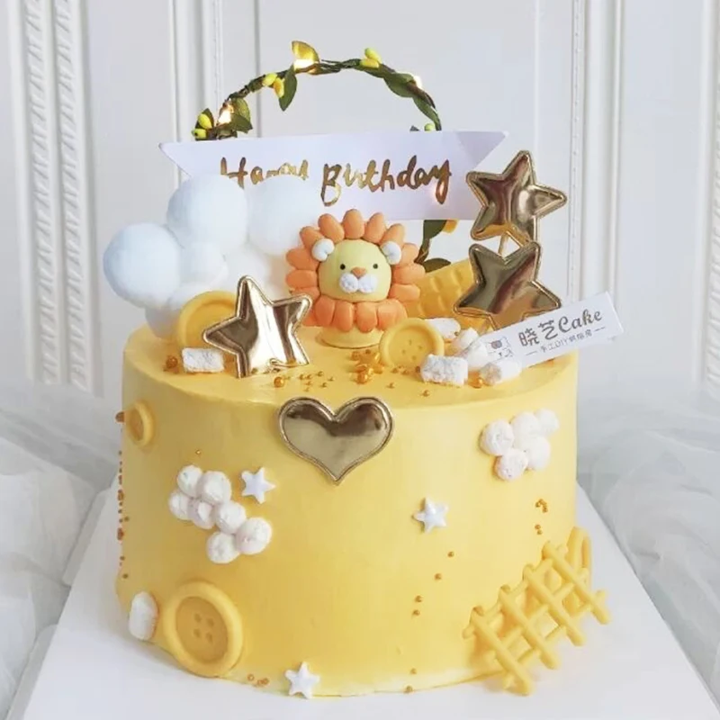 

Baby Show Constellation Animal Leo Lion Happy Birthday Cake Topper Yellow Balloon Trees for Cake Decorating Supplies Gifts
