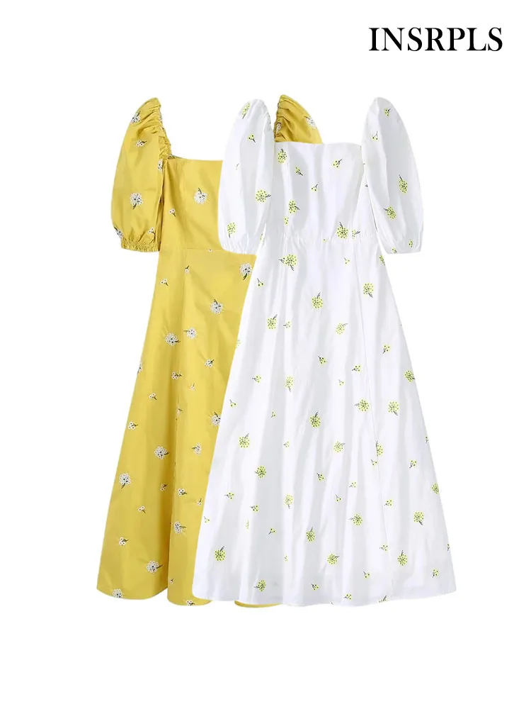

INSRPLS Women Fashion Floral Embroidery Poplin Midi Dress Vintage Puff Sleeves Back Bow Tied Smocked Female Dresses Vestidos