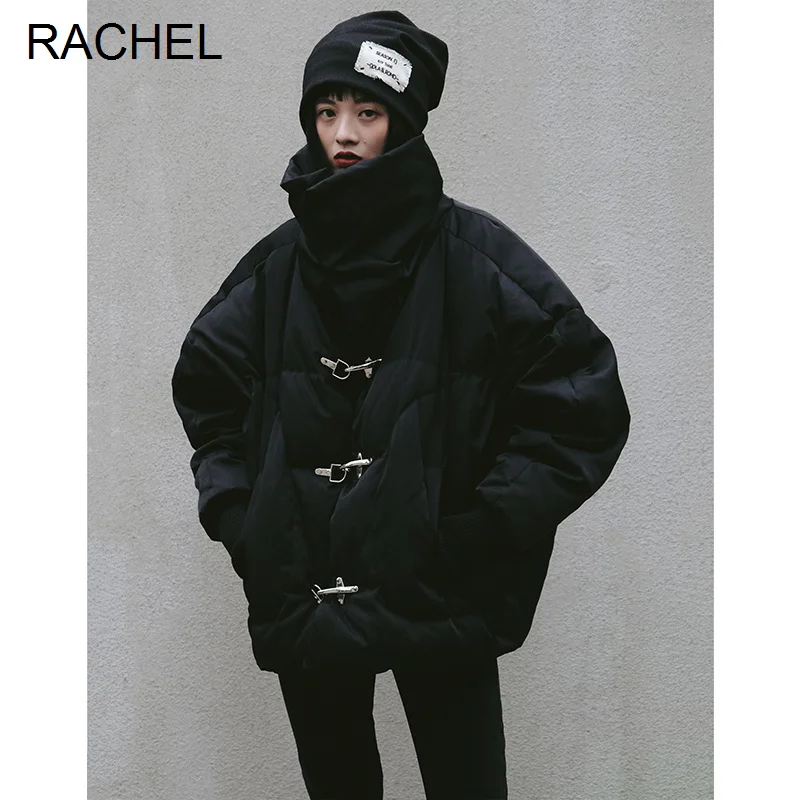 

Женский зимний пуховик с пряжкой, Черный пуховик свободного покроя, тонкий пуховик для женщин