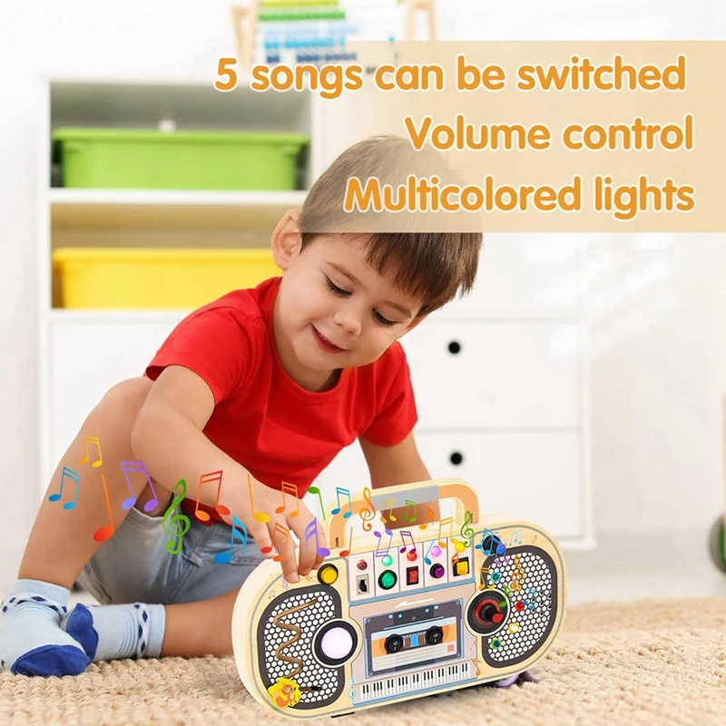 Montessori Wooden Digital Voice Recorder 5 Music Toggle Switchs Toy Toddler Busy Board With 7 LED Light