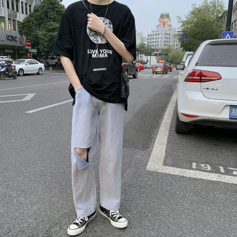 Summer Blue Hole Jeans Men Fashion Casual Straight Jeans Men Streetwear Loose Hip Hop Ripped Denim Pants Mens Trousers S-2XL