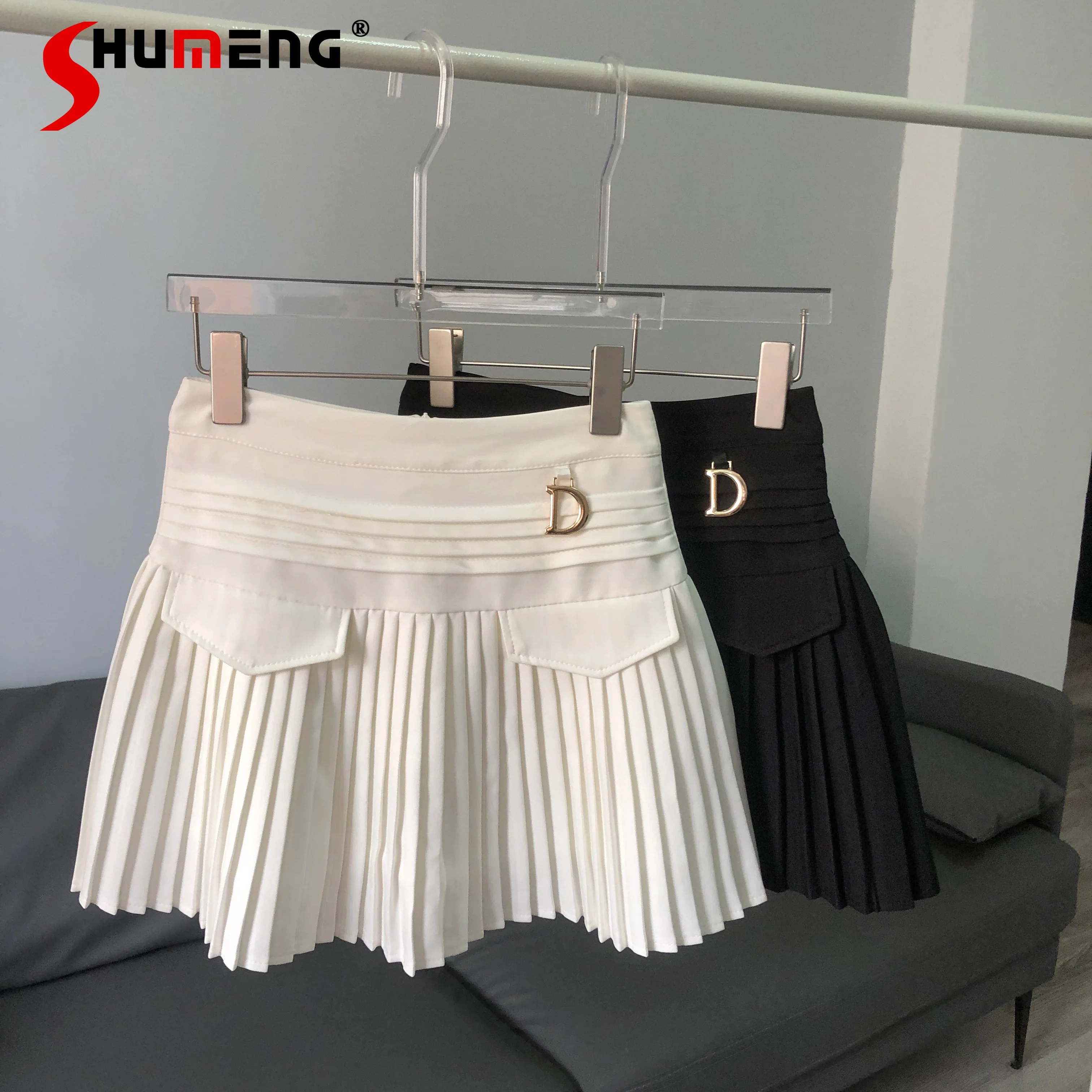 

2022 Spring and Summer New All-Match High Waist Letter Metal Slim Pocket Pleated A- Line Short Skirt Female Casual mini Skirt