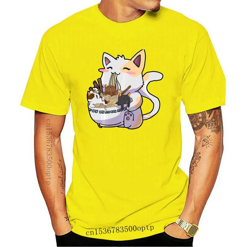 Kawaii Neko кошка рамен чаша аниме японская лапша черная футболка M-3Xl крутой подарок