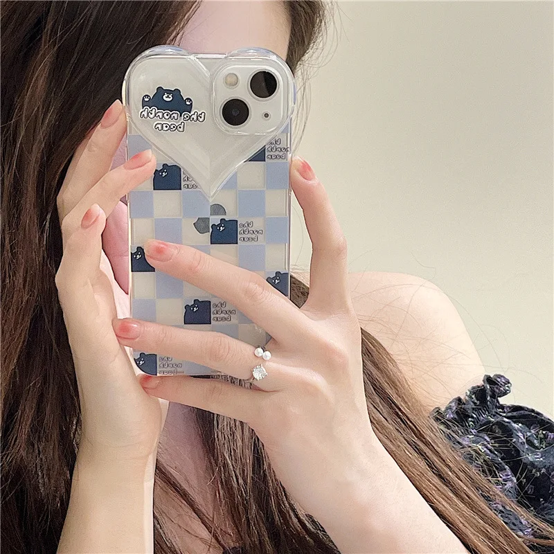 

Cute bear blue and white lattice phone case for iphone 13 12 11 8 7 pro max X XR XS XSMAX heart lens protection phone case