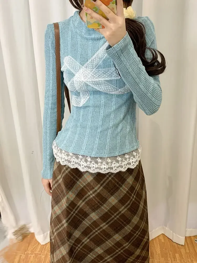 HOUZHOU корейский стиль с бантом Y2k вязаный пуловер женский милый кружевной свитер