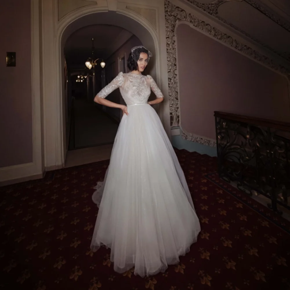 

UETEEY Lace A-Line Wedding Dress Elegant White/Ivory Half Sleeve Bridal Gown Sweep Train 2022 Civil Bridal Gown Vestido De Noiva