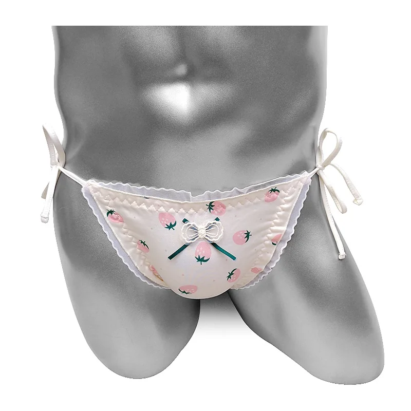 

Ruffles Sissy Panties Satin Mens Briefs Underwear Sexy Lace Up Lingerie Strawberry Printed Cover Butt Funny Fashion Shorts