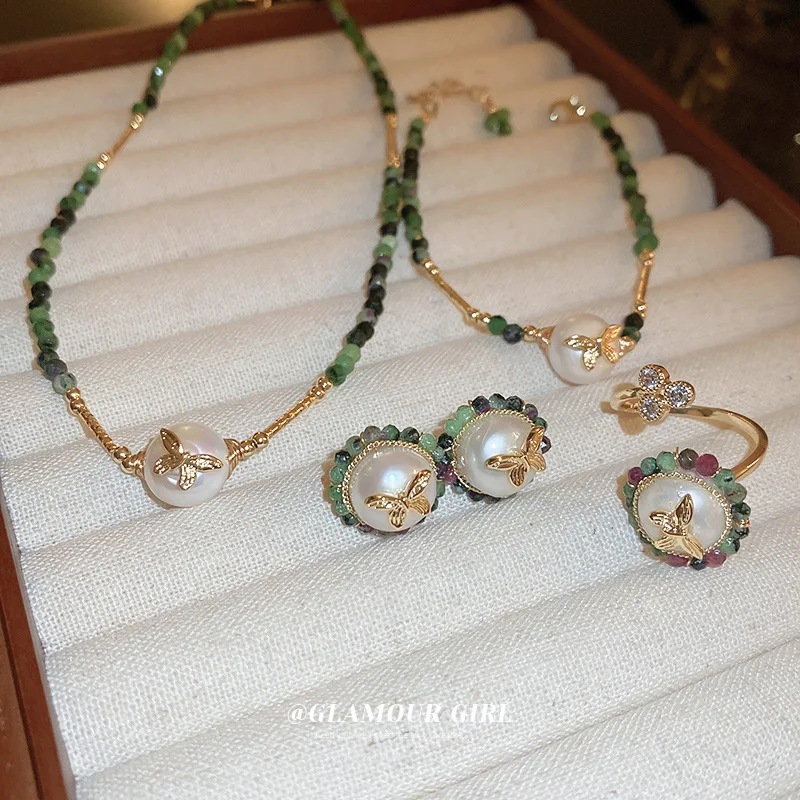 

2023 Women Real Gold Electroplated Pearl Butterfly Natural Stone Earrings Necklace Bracelet Ring Set
