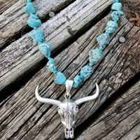 vintage alloy cowhead pendant turquoise beaded necklace female necklace