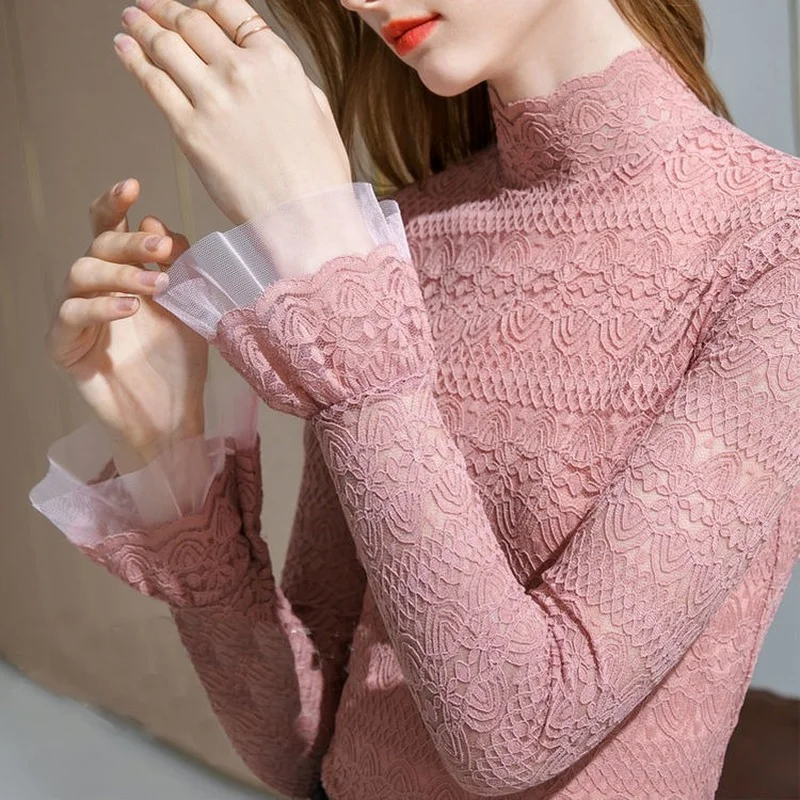 

New Flare Sleeve Lace Hollow T-Shirts 2022 Autumn and Winter Long Sleeve Bottoming Shirt Turtleneck All-match Slim Tops Elegant
