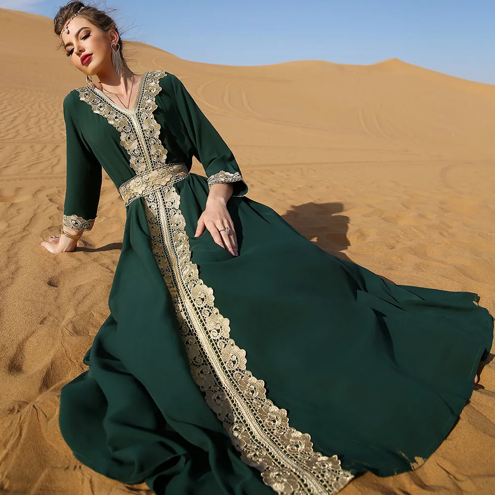 Dark Green Dubai Pakistan Arabic Turkey Islam Long Maxi Embroidered Lace Elegant Vacation Gorgeous Middle Eastern Dress