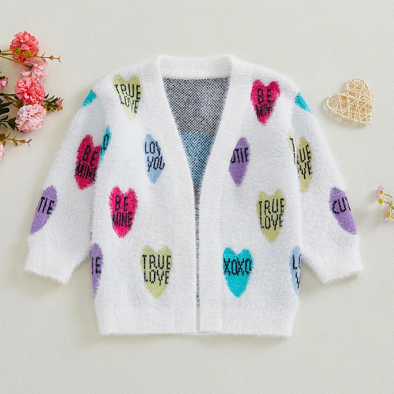 Baby Girls Cardigan Sweater Valentine Outfits Heart Letter Print Warm Knitted Long Sleeves Infant Knitwear for Toddler