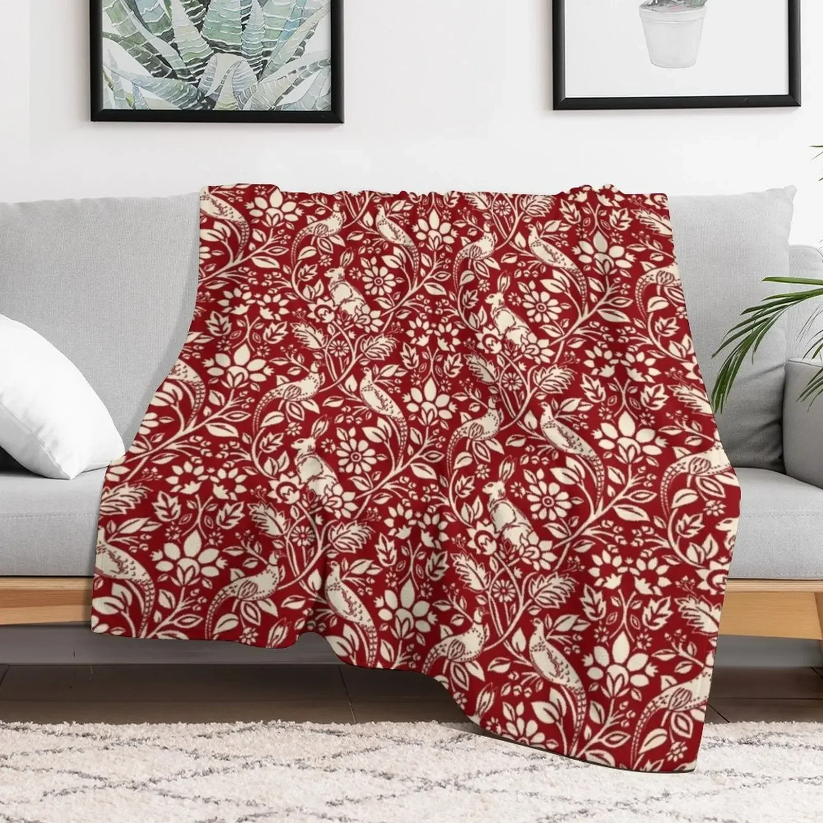 Узор фазана и заца темно-красное кремовое одеяло красивые рождественские