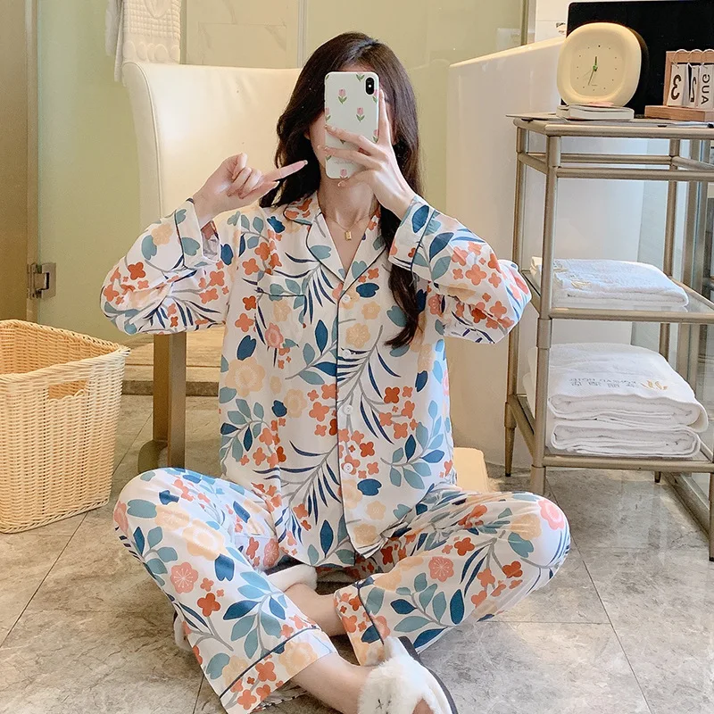 Spring New Style Pure Cotton Silk Pajamas, Women's Long-sleeved Trousers, Plus Two-piece Suit, Girls Cute  sleepwear women