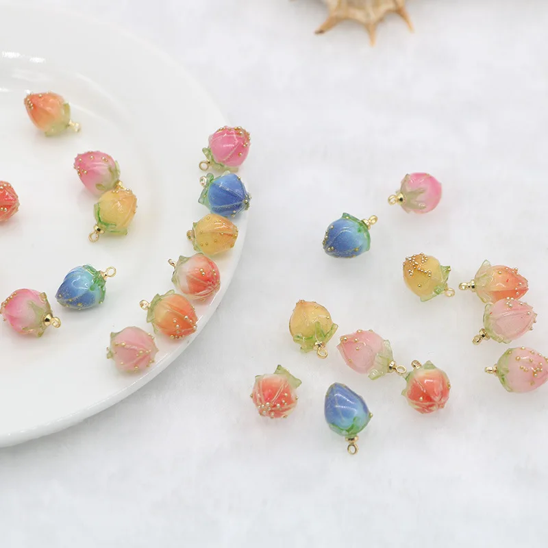 

10PCS Diy Ornament Accessories Acrylic Heat Flower Bud Small Strawberry Earrings Pendant Necklace Bracelet Handmade Materials