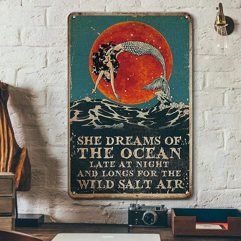 Vntge Tn Sgn Mermd She Drems of The Ocen Lover Grl Wve lumnum Wll rt Decor