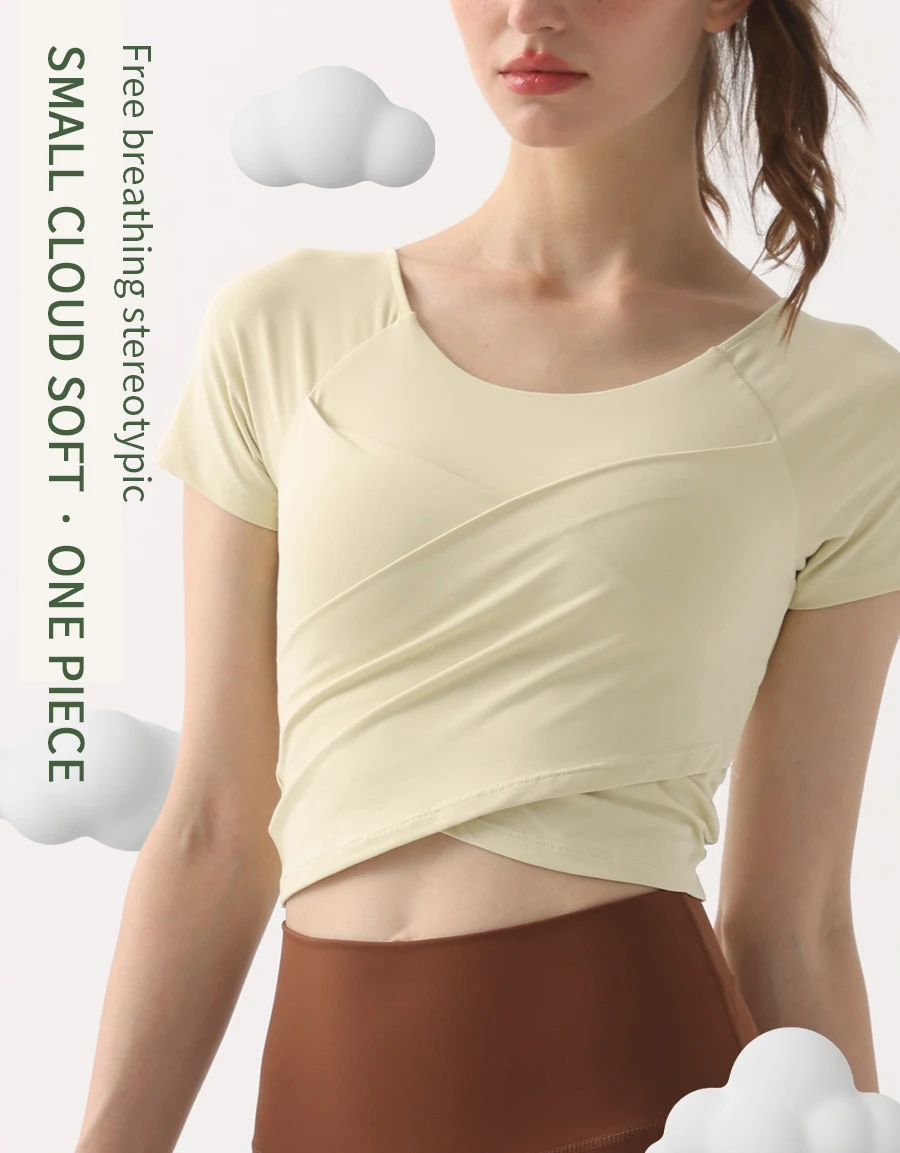 

Summer New Yoga Short Sleeve Top cross pleated fitness slim female With Chest Cushion One Piece Yoga Suit Quick Drying Top