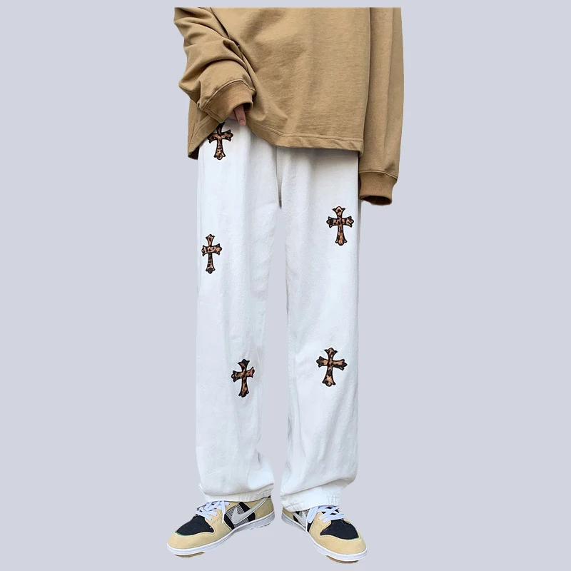 Fashion Brand Cross Print Jeans Men's Trendy Casual Straight Loose Wide-leg Pants Hip-hop Street Men's Trousers  mens jeans