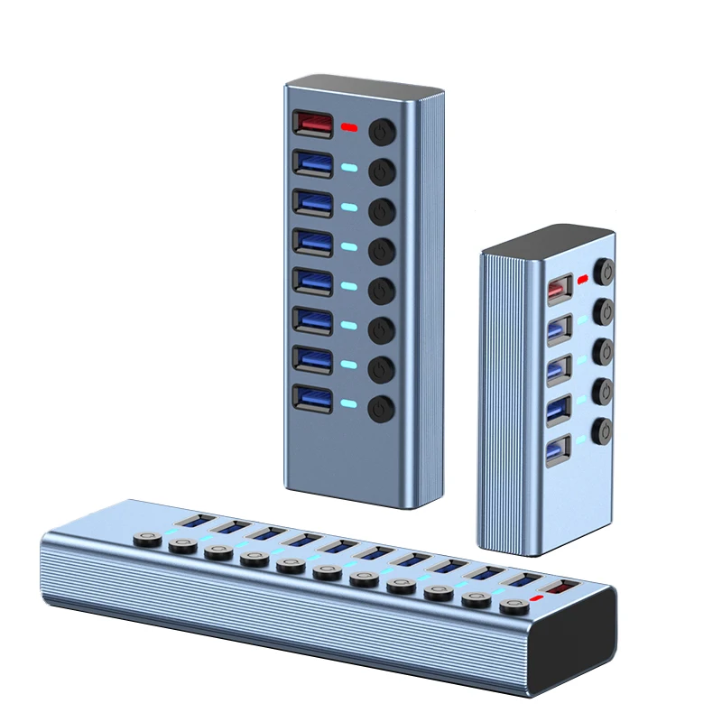 

Aluminum Alloy 5 / 8 / 11 Ports USB3.0 HUB Computer Extender Splitter With 2.4A Fast Charging Port External 12V Power Supply