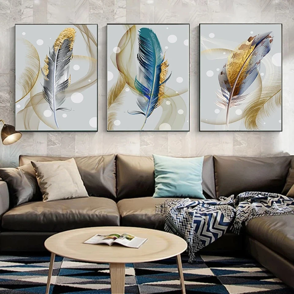 

Triptych Gold Ribbon Feather Modern Art Diamond Painting 3 Pieces Abstract Decorative Diamond Embroidery Pictures for Home Decor