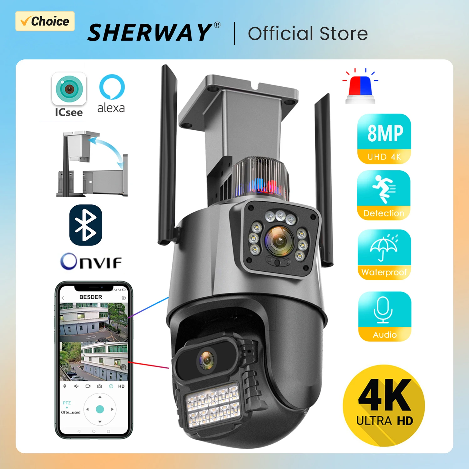 

SHERWAY 8MP 4K Wifi Camera Dual Lens Security Waterproof Security CCTV Video Surveillance Camera Police Light Alarm IP Camera