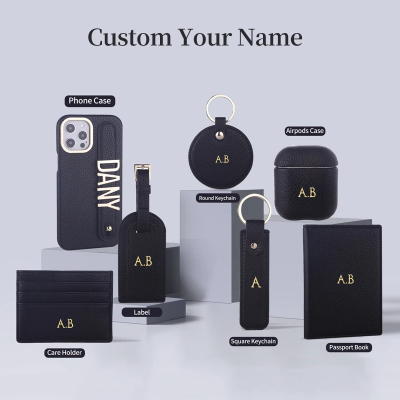 

Custom Name Gold Metal Letters Leather Phone Case For iPhone 11 12 13Pro Max Airpods Case Card Holder Keychain Set Free Combo