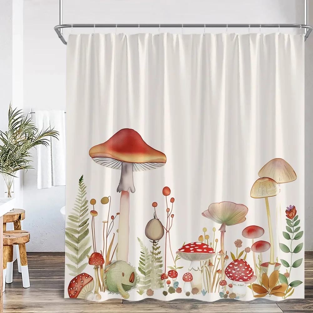 Mushroom Vintage Shower Curtain Green Leaf Plant Flower Spring Summer Bathroom Decor Retro Polyester Bathtub with Hooks