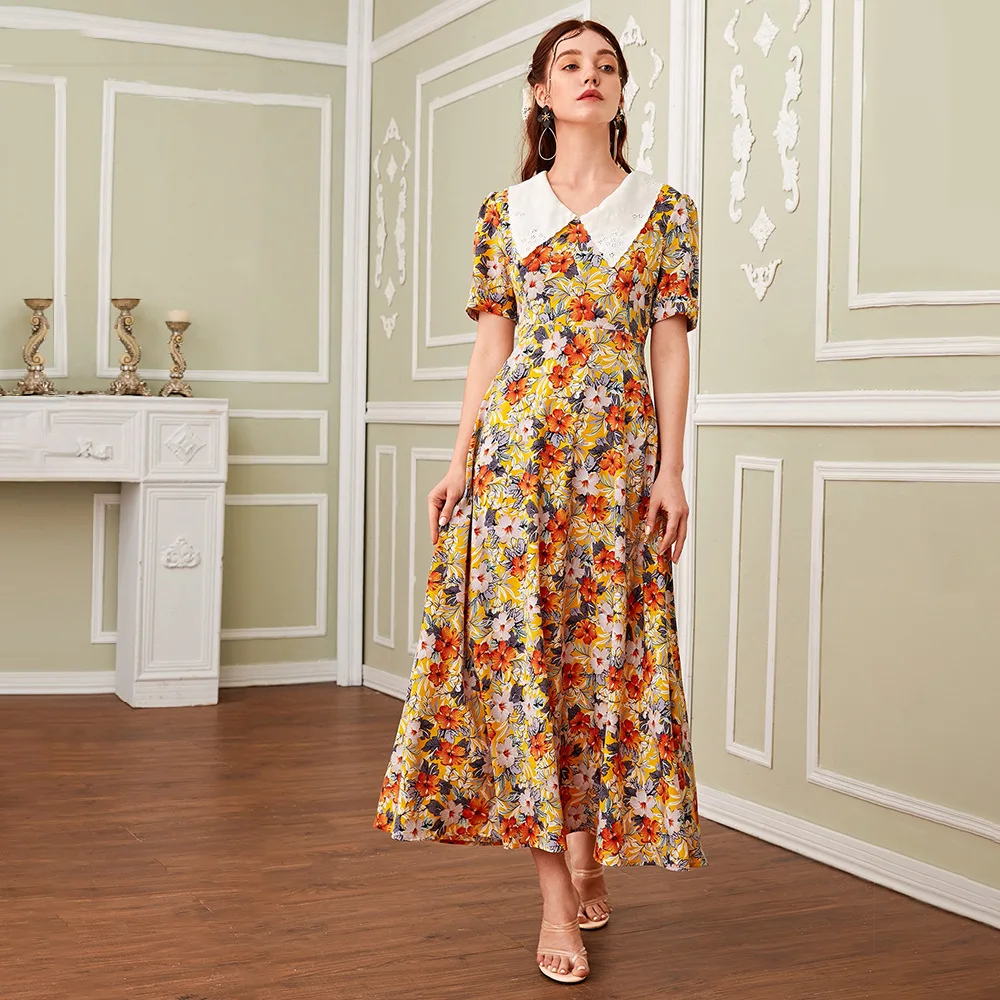 

Women Casual Elegant Maxi Dresses 2023 Summer Doll Collar Short Sleeve Ruffled Floral Printed Turkish Evening Party Robe Vestido