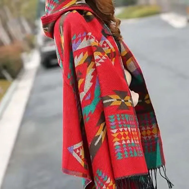 

Mexican style bohemian national wind hooded cape cloak with horns and tourist air-conditioning shawl women's