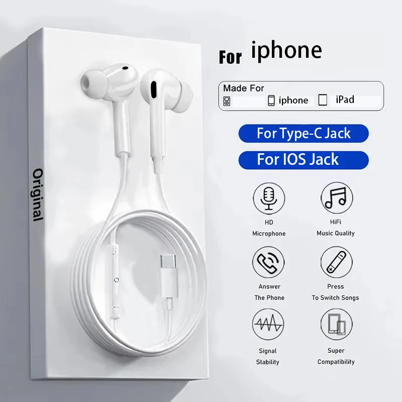 Фото Оригинальные проводные наушники типа C для iphone 16 15 Plus 14 13 12 11 Pro Max XR X XS 7 8 SE IOS Jack, аксессуары для наушников №1