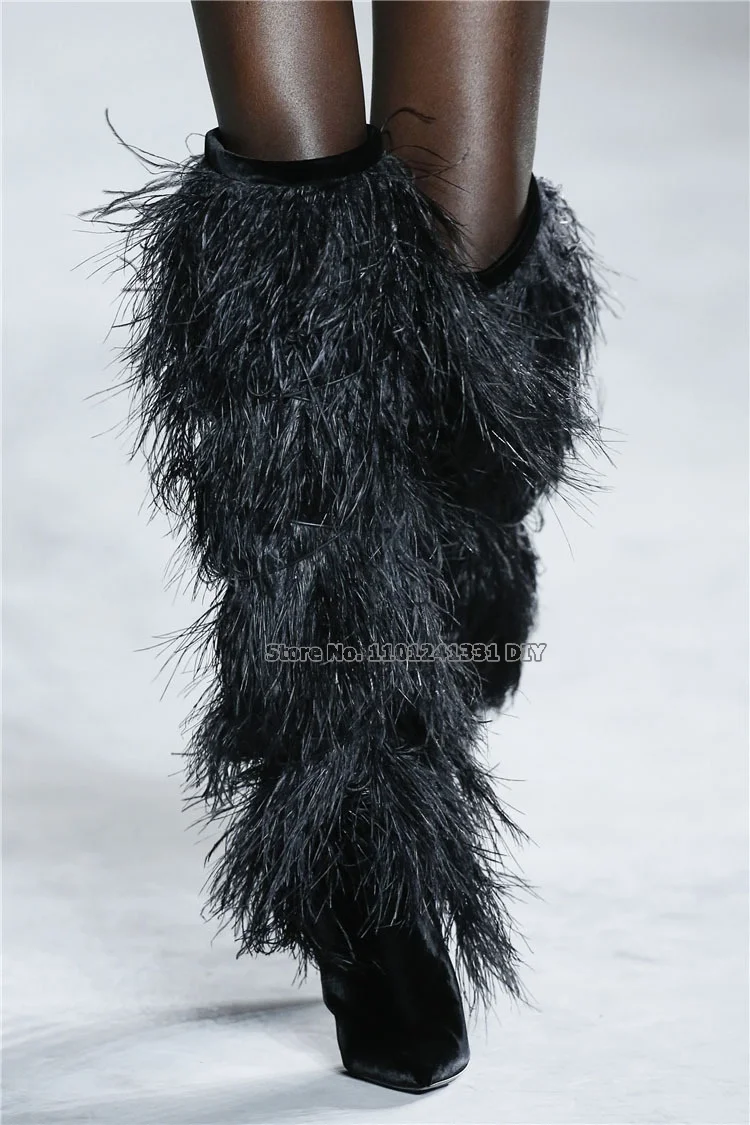 Spike Heeled Blue Black White Ostrich Fur Over The Knee Boots Women High Heel Autumn Winter Tassel Long Boots Plus Size