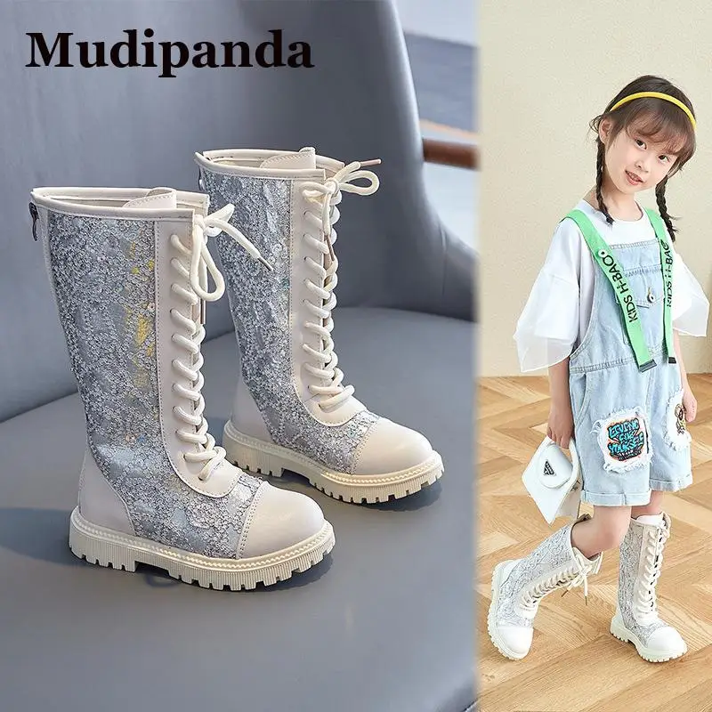 

Children's Boots Girls Beige Boot Black Flats Shoes Light 2023 Kid's New Winter Boots High Big Child Antiskid Single Boots