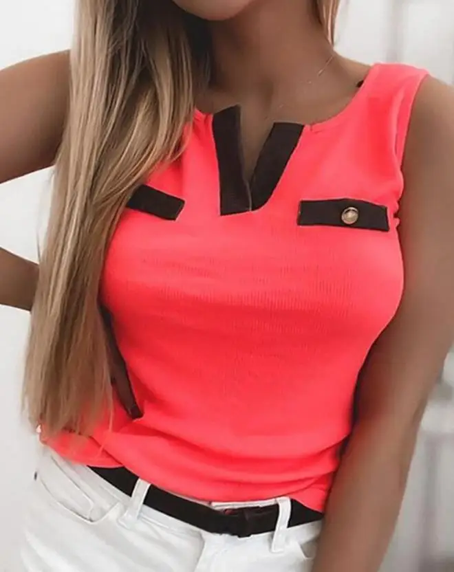 

Colorblock V-Cut Neck Tank Top 2023 Summer Women's Top Versatile Basic Harajuku Casual Street Wear