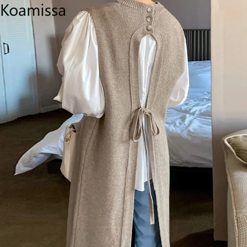 

Koamissa Fashion Simple Women Two Piece Set Korean Chic Puff Sleeve Shirt+ Loose Knitted Camis Dress Ladies Outerwear Suits New