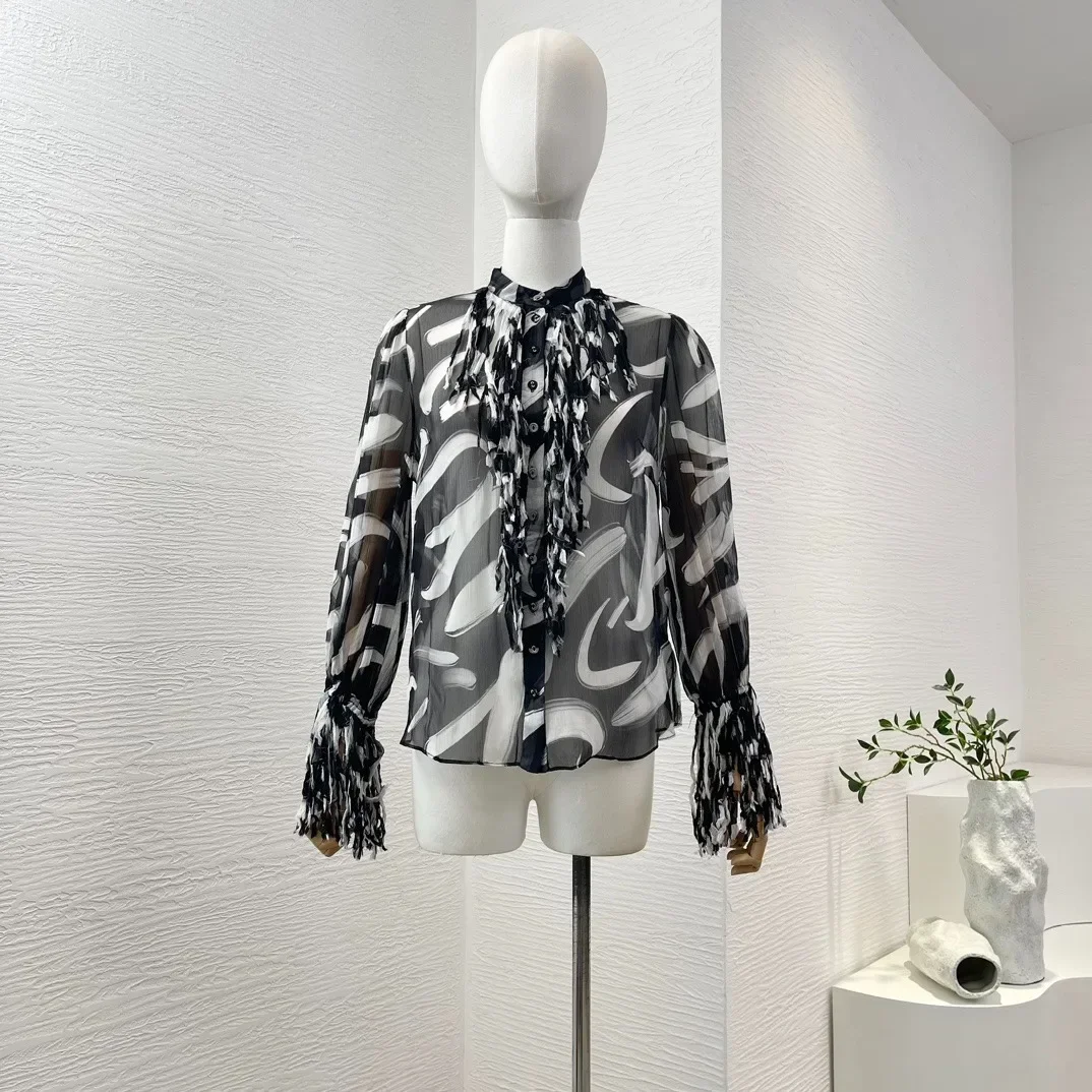 Новинка 2024 Высококачественная блузка из чистого шелка с застежкой на пуговицах