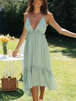 bohemian summer backless dress women sexy v neck single breasted a line vestidos fashion long solid green dresses for female