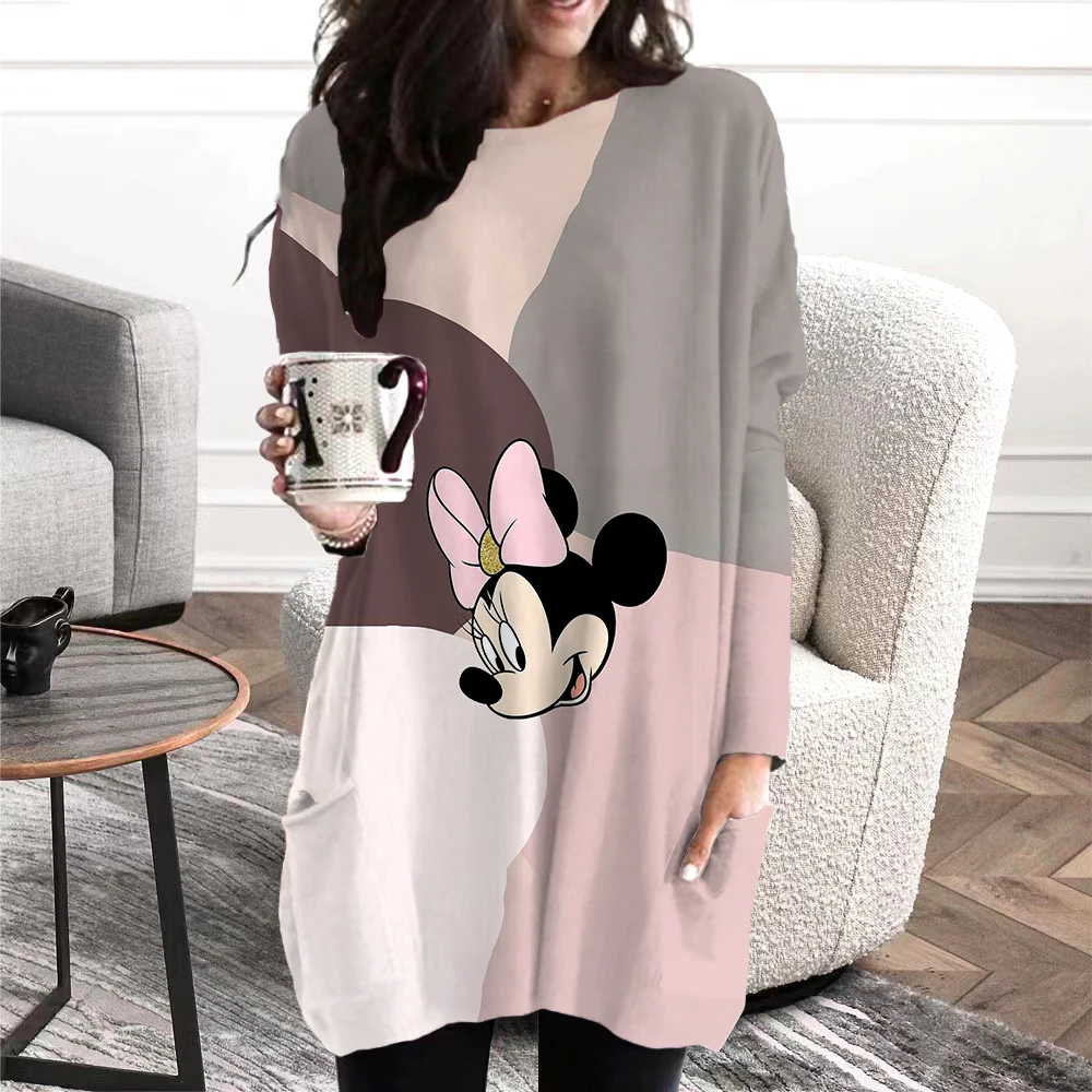 New Feminine Dress New Autumn/winter Boho style Disney Mickey Mouse print women's pocket long sleeve loose party dress