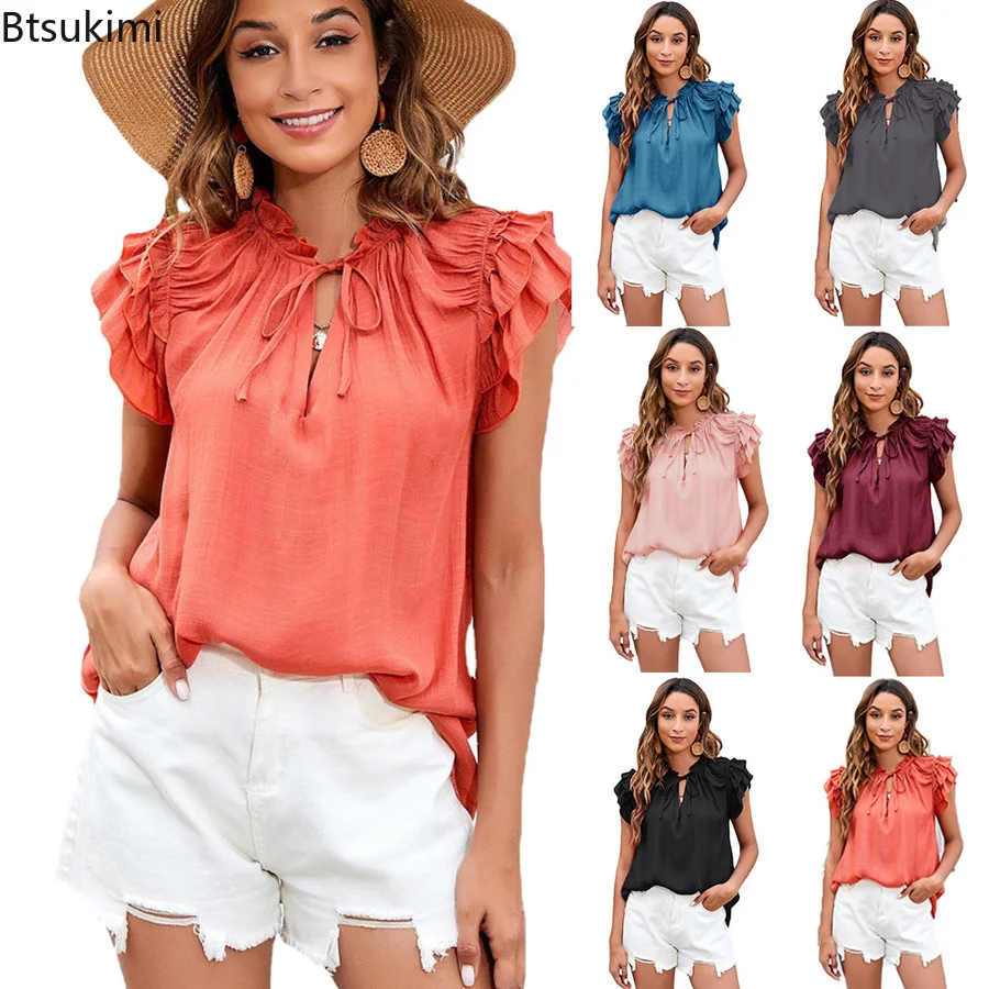 

Summer Women Casual Shirts Solid Ruffles V Neck Short Sleeve Tops Eleagnt Ladies Tops Oversized Office Shirt Women Clothing 2022