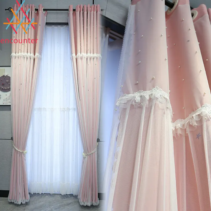 

Korean Double Pink Princess Curtains for Living Dining Room Bedroom Hollow Stars Pink Cloth White Pearls Sheer