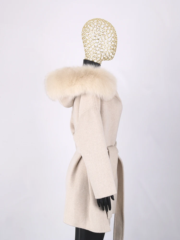 Lavelache 100% Wool Coat Winter Women Real Fur Jacket Long Fashion Loose Outerwear Wool Casaco For Women With Belt